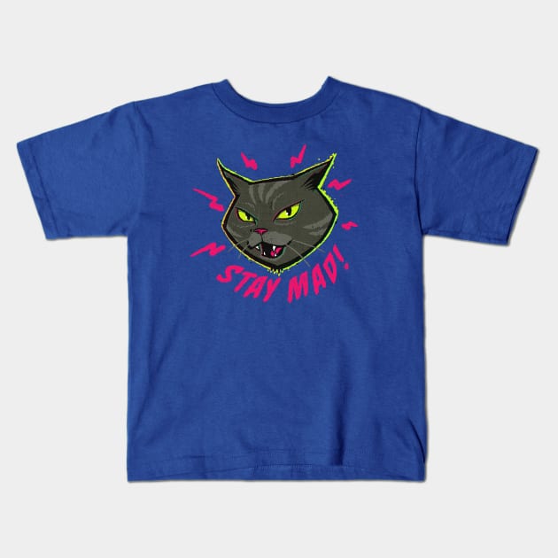 Stay Mad Angry Cat Vintage Cartoon Kitten Hissing Kids T-Shirt by kgullholmen